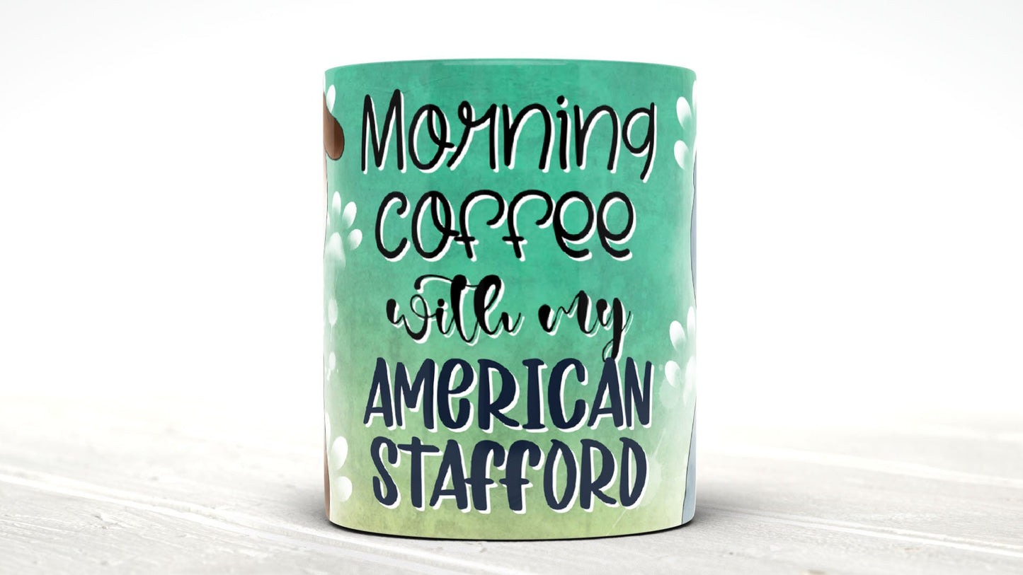 Morning Coffee With My American Stafford Cute Cartoon Doggy Mug Perfect Gift For Him Her Mum Dad Nan